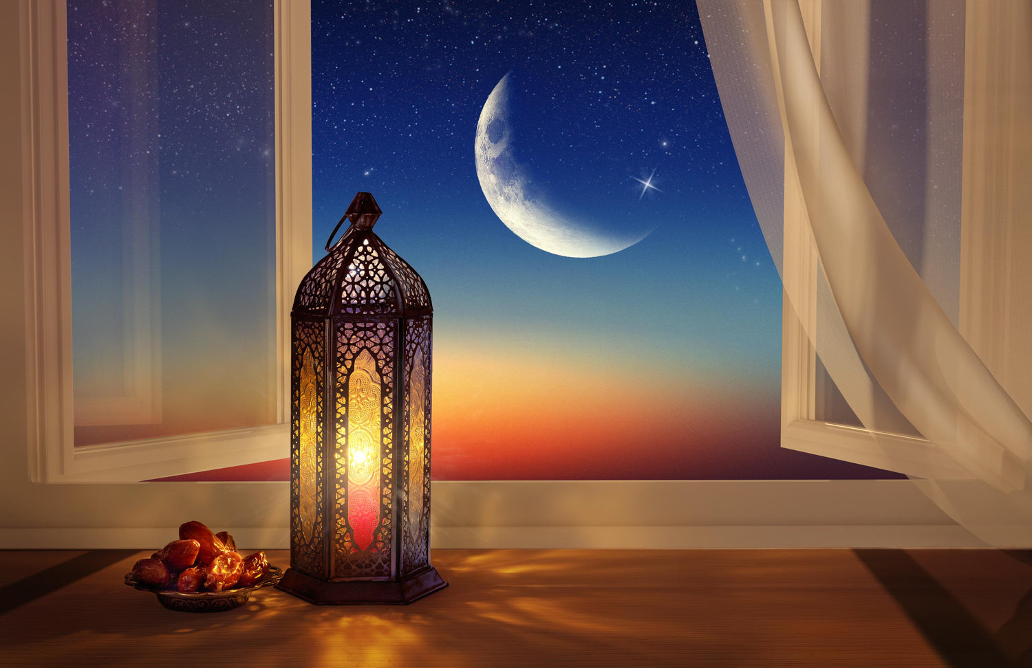 Elegant Ramadan decorations with glowing lanterns, books, and gifts, creating a warm and spiritual atmosphere