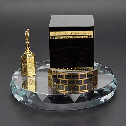 Muslim Crystal Gilded Kaaba Clock Tower Miniature Model Showpiece Muslim Crystal Gilded kaaba Model Kits Islamic Architecture Handicraft Home Vehicle Decor Islamic Building Gift