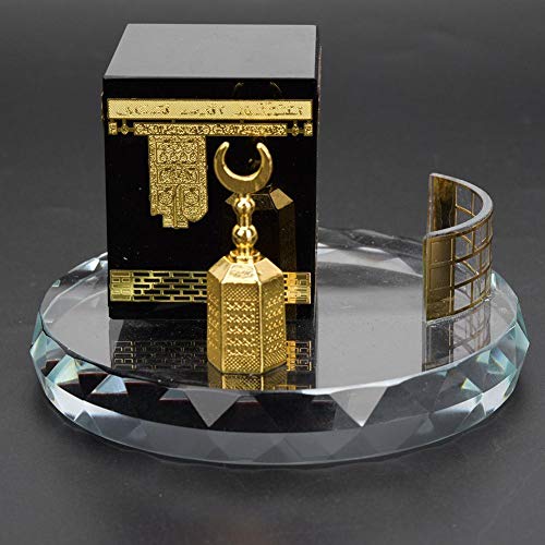 Muslim Crystal Gilded Kaaba Clock Tower Miniature Model Showpiece Muslim Crystal Gilded kaaba Model Kits Islamic Architecture Handicraft Home Vehicle Decor Islamic Building Gift