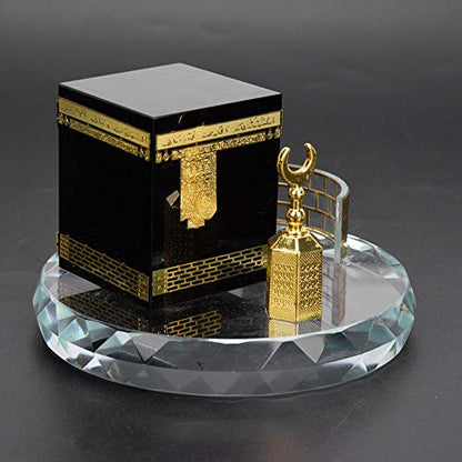 Muslim Crystal Gilded Kaaba Clock Tower Miniature Model Showpiece Muslim Crystal Gilded kaaba Model Kits Islamic Architecture Handicraft Home Vehicle Decor Islamic Building Gift