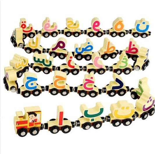 NOB Ventures Wooden Arabic Alphabet Train Toy 29 PCS with Magnets for Toddlers, Compatible with Standard Train Set Tracks Wooden Double-Sided