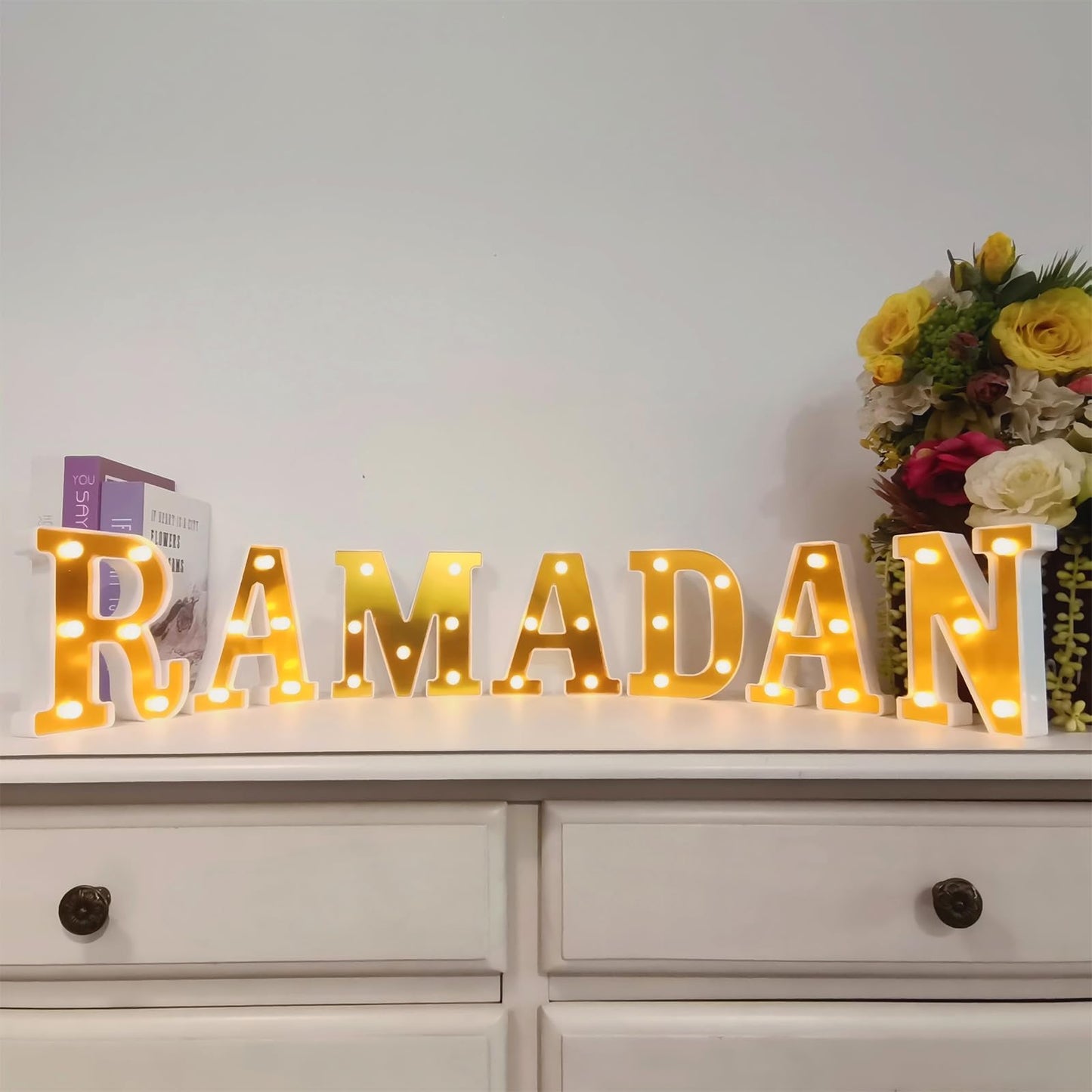 Fadraney 7Pcs Ramadan LED Letter Lights, Battery-Powered Ramadan Table Decoration, LED Light Up Ramadan Letters with Mirror Surface for Islamic Party Decor