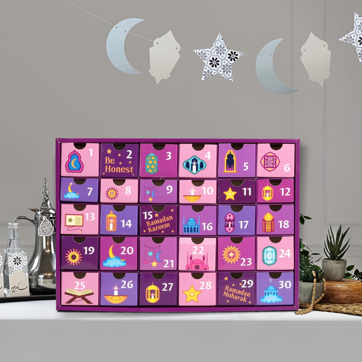 MOVINPE Ramdan Calendar with Drawers 2025 Ramadan Gifts for Kids, 30 Pre-Assembled Empty Boxes Eid Mubarak Coutdown Calendar Fillable Islamic Art Gift Box, Ramadan Party Supplies Purple