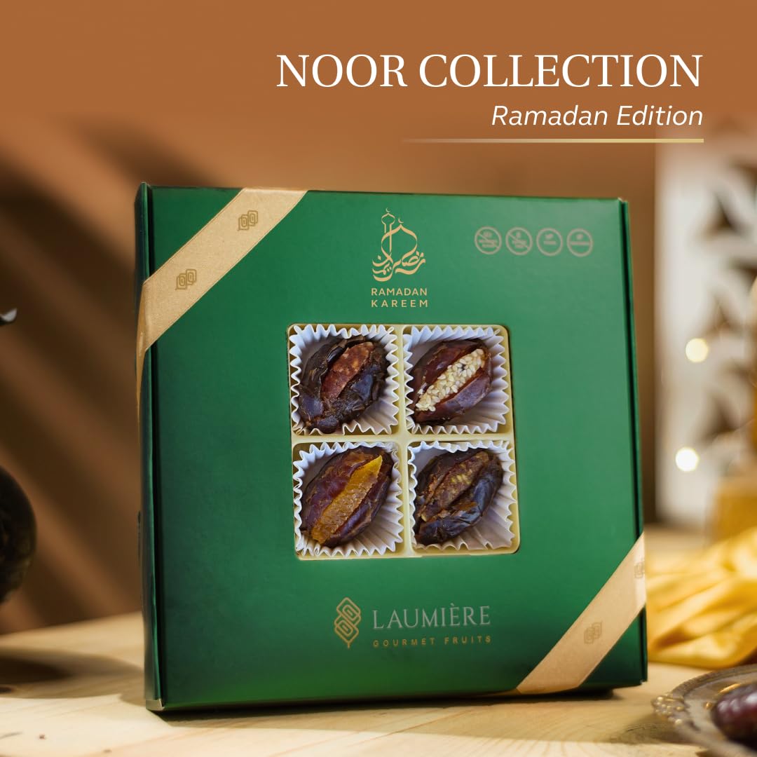 Laumiere Gourmet Fruits - Noor Collection [Ramadan Edition] - Square (16 Pcs) - Halal Dried Fruits and Nuts Basket - Medjool Dates Box - Hamper - Ramzan Festive Celebrations - No Added Sugar