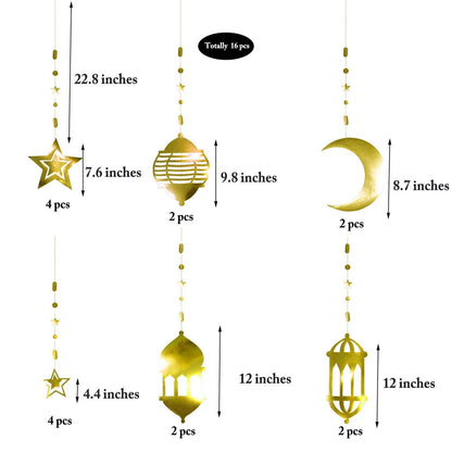 Cheerland Star Moon Lantern Ramadan Garland Kit Eid Streamer Decoration for Home Shining Ramadan Mubarak Party Decor Hanging Lesser Bairam Islam Holiday Celestial Banner Pack of 16