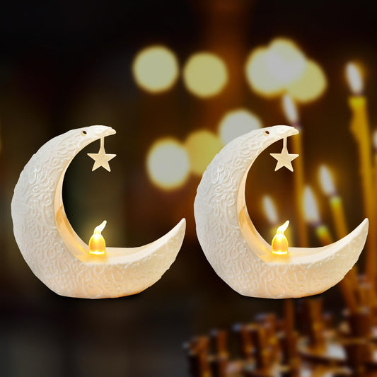 Glodecart 2PCS Mini Ramadan Moon Light for Ramadan Decorations, White Mini Moon Star Light Eid Lamp for Ramadan Table Decoration Ramadan Gift Home Decor, Eid Ramadan Candle Lights Nightstand Decor