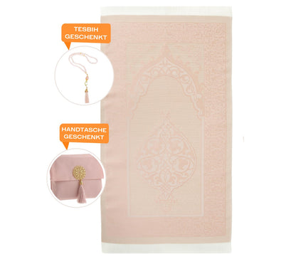 Prien Muslim Prayer Rug with Tasbih and Portable Bag, Muslim Gift for Women Men, Mubarak Islamic Box, Soft Mat Islam Gifts Set, Turkish Sajadah for Ramadan, Eid, Hajj, Travel, Pray (Powder Pink)