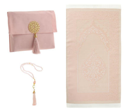 Prien Muslim Prayer Rug with Tasbih and Portable Bag, Muslim Gift for Women Men, Mubarak Islamic Box, Soft Mat Islam Gifts Set, Turkish Sajadah for Ramadan, Eid, Hajj, Travel, Pray (Powder Pink)