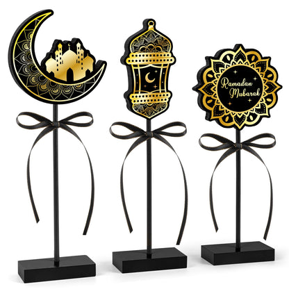 Hedeey 3 Pieces Eid Ramadan Mubarak Table Decorations Wooden Set,Rustic Islamic Ramadan Tiered Tray Decor for Al Adha Muslim Home(Classic)