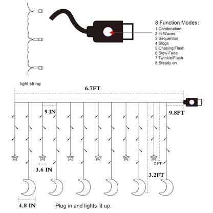 Dazzle Bright Ramadan Curtain String Lights, 138 LED 6.7ft x 3.2ft Warm White Star Moon 8 Lighting Modes Fairy Lights with Remote for Bedroom Wall, Wedding, Outdoor Party, Ramadan Decorations
