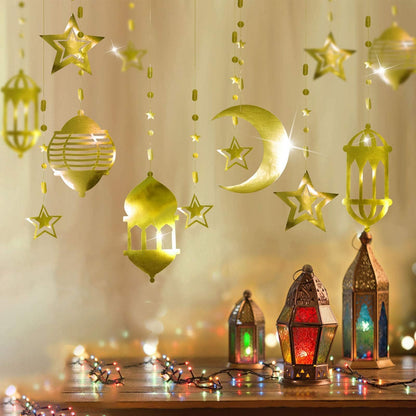 Cheerland Star Moon Lantern Ramadan Garland Kit Eid Streamer Decoration for Home Shining Ramadan Mubarak Party Decor Hanging Lesser Bairam Islam Holiday Celestial Banner Pack of 16