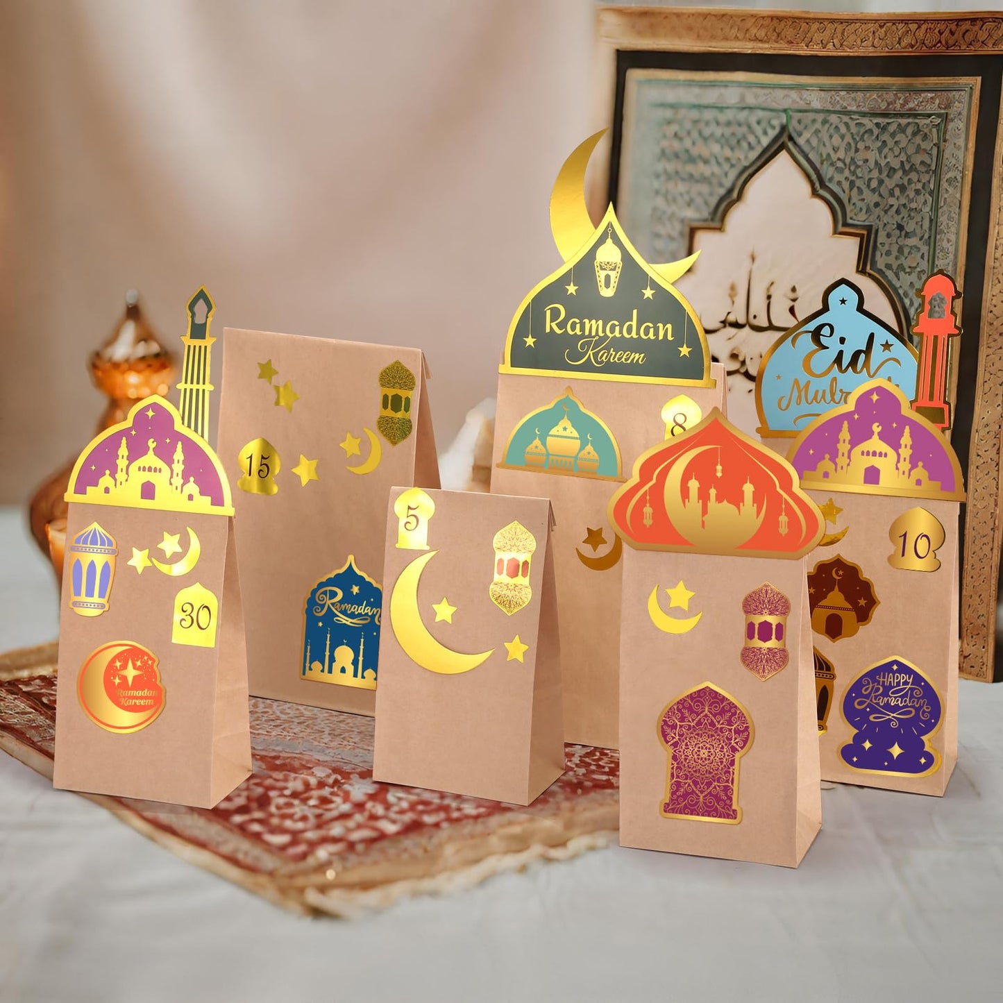 GWHOLE Ramadan Calendar, 30pcs Eid Mubarak Gift Bags Ramadan Decorations with Moon&Star Ramadan Stickers 30 Days Ramadan Countdown Calendar DIY Gift Bags for Kids Eid Decorations