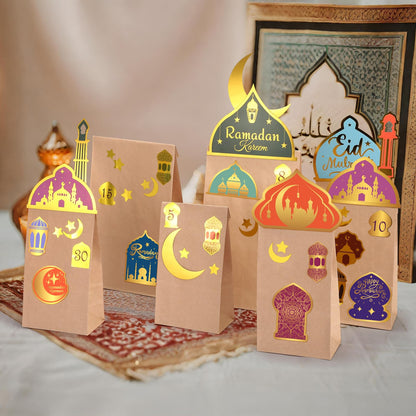 GWHOLE Ramadan Calendar, 30pcs Eid Mubarak Gift Bags Ramadan Decorations with Moon&Star Ramadan Stickers 30 Days Ramadan Countdown Calendar DIY Gift Bags for Kids Eid Decorations