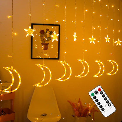 Dazzle Bright Ramadan Curtain String Lights, 138 LED 6.7ft x 3.2ft Warm White Star Moon 8 Lighting Modes Fairy Lights with Remote for Bedroom Wall, Wedding, Outdoor Party, Ramadan Decorations