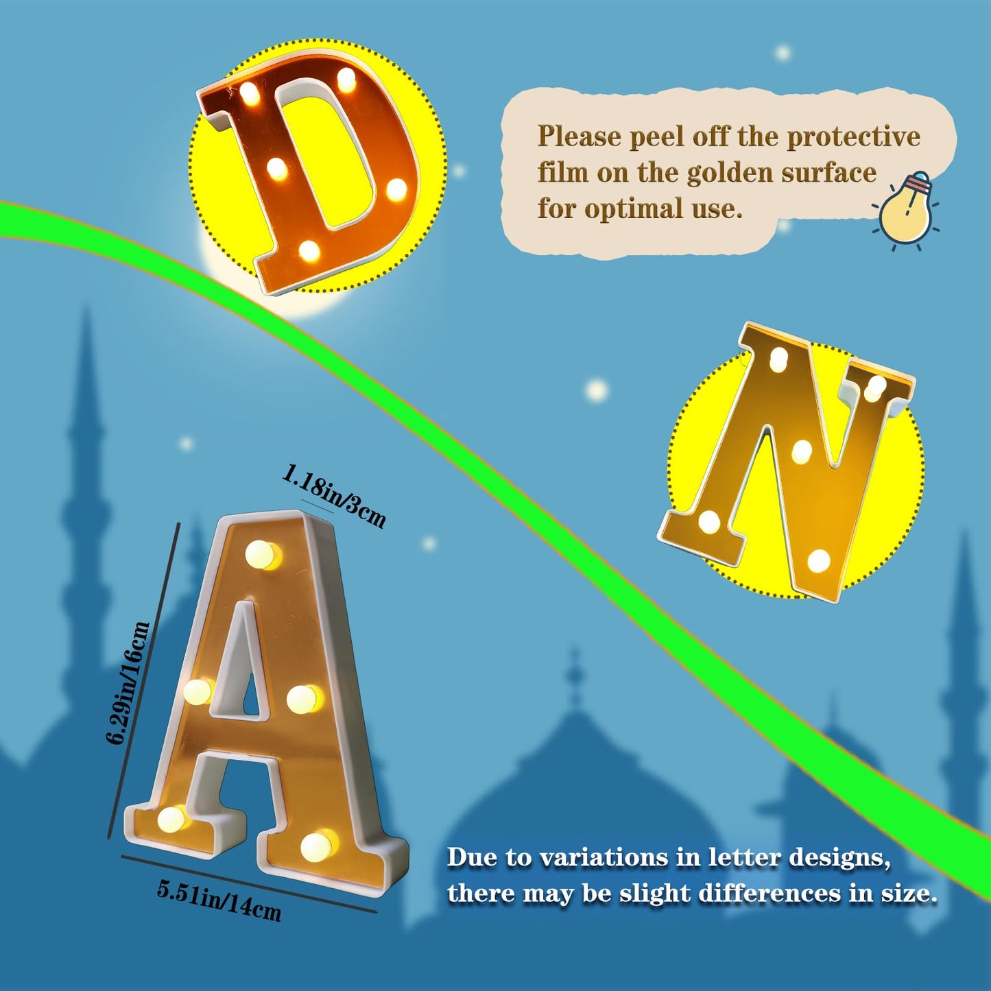 Fadraney 7Pcs Ramadan LED Letter Lights, Battery-Powered Ramadan Table Decoration, LED Light Up Ramadan Letters with Mirror Surface for Islamic Party Decor