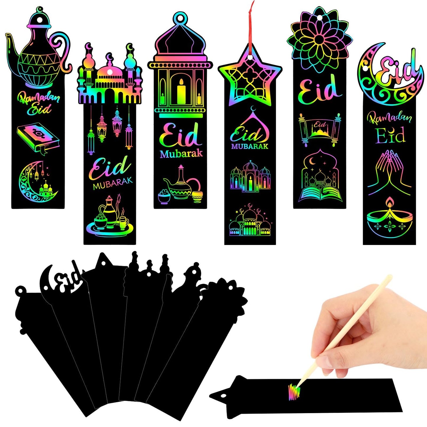 AUGSUN 96Pcs Ramadan Crafts for Kids, Magic Rainbow Scratch Art Eid Bookmarks for Kids Ramadan Gifts Eid Activities for Kids Ramadan Arts and Crafts Eid Party Favors Hanging Ornaments