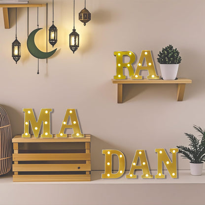 Fadraney 7Pcs Ramadan LED Letter Lights, Battery-Powered Ramadan Table Decoration, LED Light Up Ramadan Letters with Mirror Surface for Islamic Party Decor