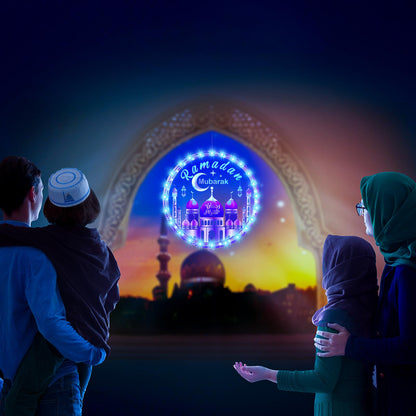 Capoda 9.45 Ramadan Window Lights Eid Mubarak Decorations Moon Start and End with Allah Wall Art Lights up Muslim Plaque for Door Home Eid Al Fitr Party Supplies, Blue