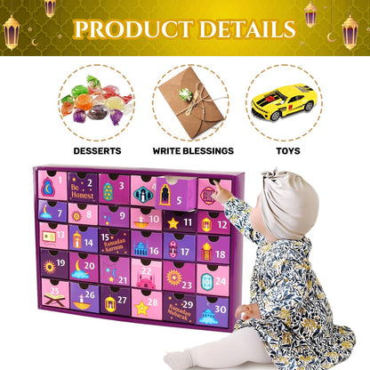 MOVINPE Ramdan Calendar with Drawers 2025 Ramadan Gifts for Kids, 30 Pre-Assembled Empty Boxes Eid Mubarak Coutdown Calendar Fillable Islamic Art Gift Box, Ramadan Party Supplies Purple