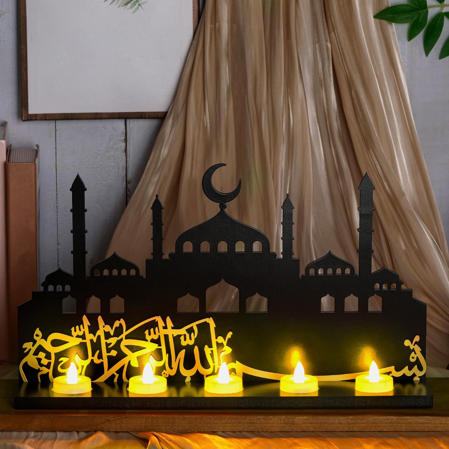 Rossesay Islamic Decorations Islamic Candle Holder with LED Tea Candles Wooden Acrylic Islamic Tabletop Decors Ramadan Kareem Eid Mubarak Sign Muslim Gifts for Home Table Party Decorations(Vivid)