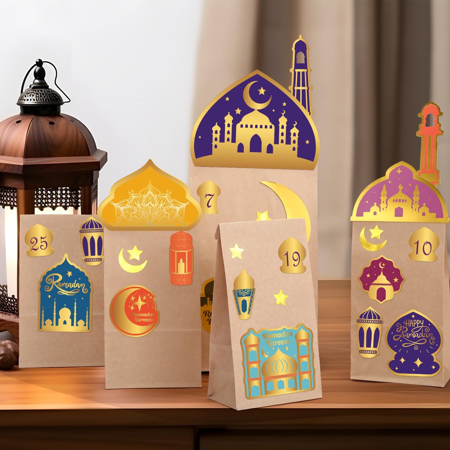 GWHOLE Ramadan Calendar, 30pcs Eid Mubarak Gift Bags Ramadan Decorations with Moon&Star Ramadan Stickers 30 Days Ramadan Countdown Calendar DIY Gift Bags for Kids Eid Decorations