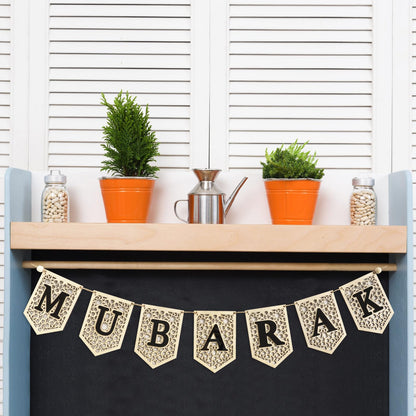 flangairy Mubarak Banner Decorations for Home 2025 Black Eid Wooden Sign Ramadan Kareem Wood Garland Islamic Muslim Mosque Door Fireplace Hanging Decor Ramadan Gifts