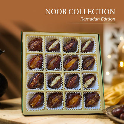 Laumiere Gourmet Fruits - Noor Collection [Ramadan Edition] - Square (16 Pcs) - Halal Dried Fruits and Nuts Basket - Medjool Dates Box - Hamper - Ramzan Festive Celebrations - No Added Sugar