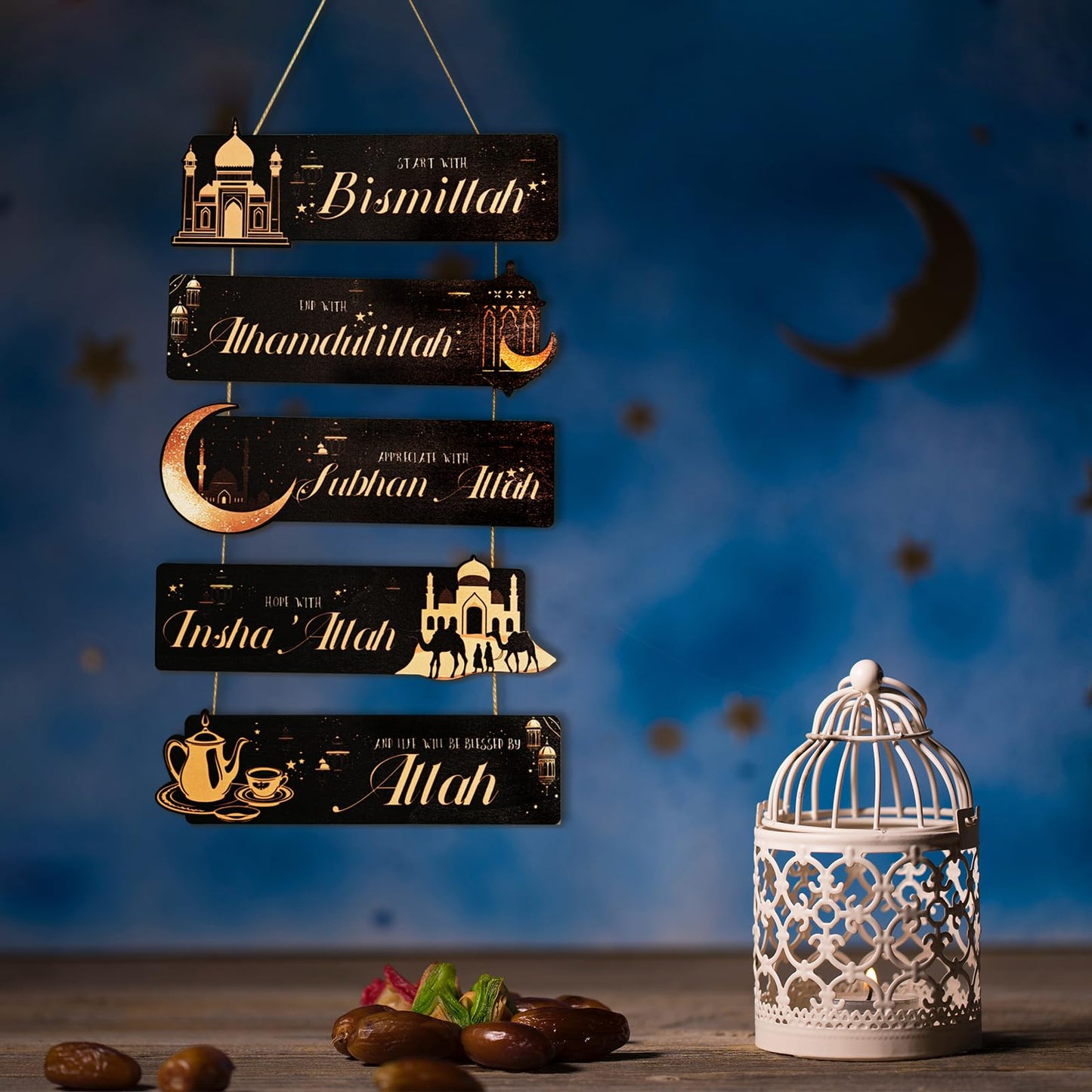 Islamic Wooden Wall Decor - Eid Ramadan Mubarak & Eid Al Adha Start with Bismillah End with Alhamdulillah Decoration - Appreciate Sign - Inspirational Wall Art for Eid Al Adha - Muslim Home