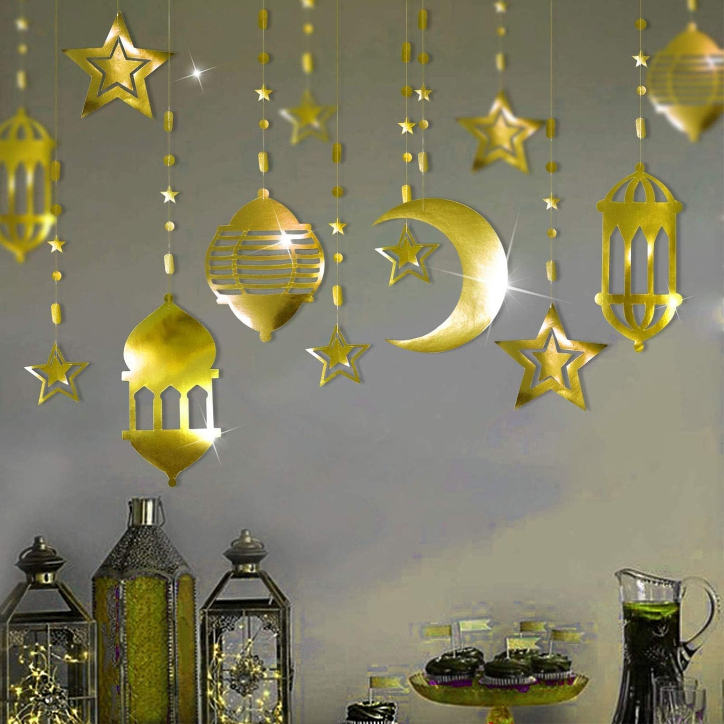 Cheerland Star Moon Lantern Ramadan Garland Kit Eid Streamer Decoration for Home Shining Ramadan Mubarak Party Decor Hanging Lesser Bairam Islam Holiday Celestial Banner Pack of 16