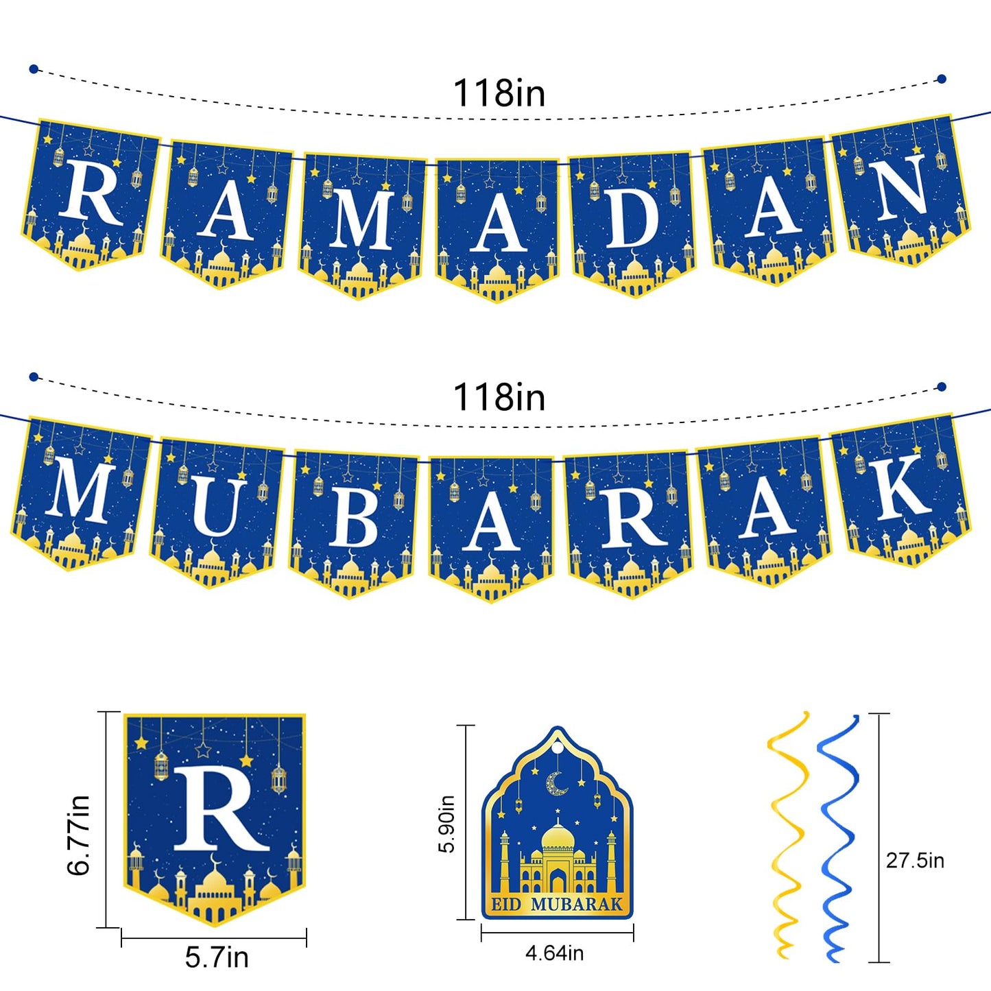 34Pcs Ramadan Decorations Pre-Assembled Mubarak Eid Kareem Muslim Banner Hanging Swirls Garland Decor Party Supplies Ramadan Decorations for Home