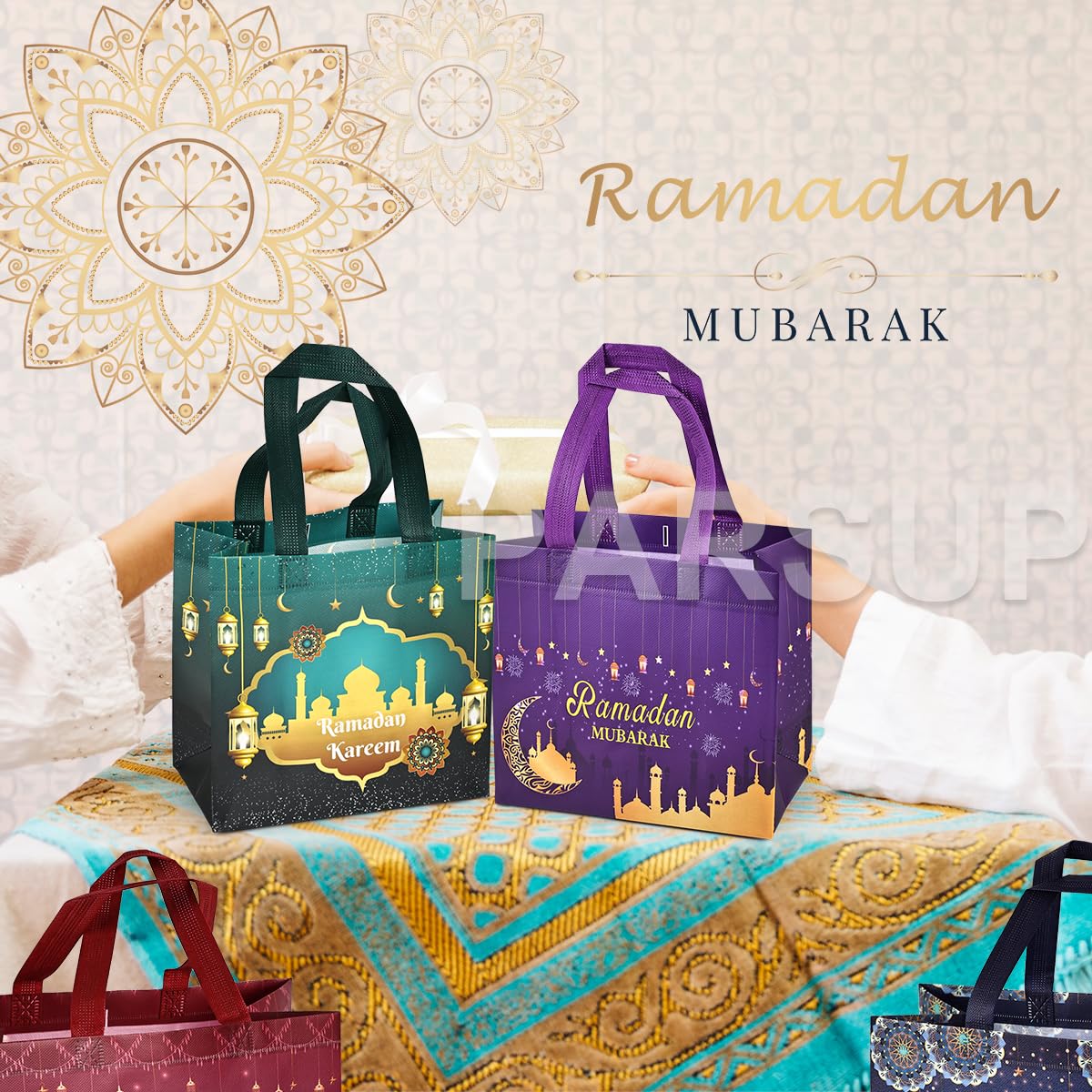 8PCS Ramadan Mubarak Reusable Gift Bags, Assorted Sizes Treat Bags with Handles, Ramadan Mubarak Party Bags, Multifunctional Non-Woven Ramadan Bags for Gifts Wrapping, Ramadan Kareem Party Supplies