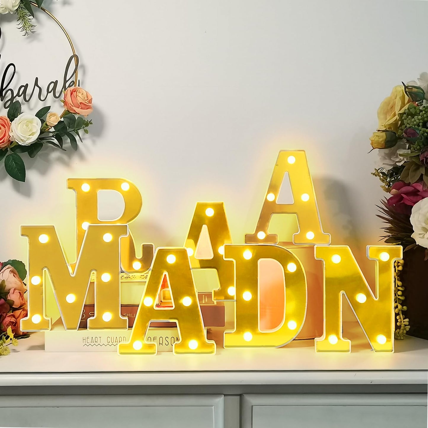 Fadraney 7Pcs Ramadan LED Letter Lights, Battery-Powered Ramadan Table Decoration, LED Light Up Ramadan Letters with Mirror Surface for Islamic Party Decor