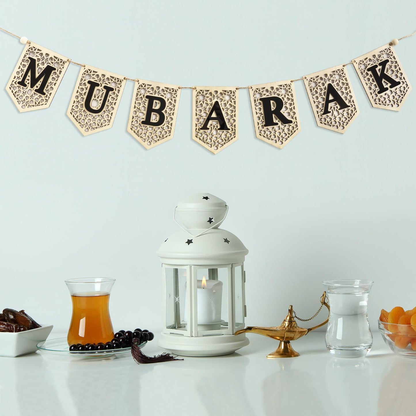 flangairy Mubarak Banner Decorations for Home 2025 Black Eid Wooden Sign Ramadan Kareem Wood Garland Islamic Muslim Mosque Door Fireplace Hanging Decor Ramadan Gifts