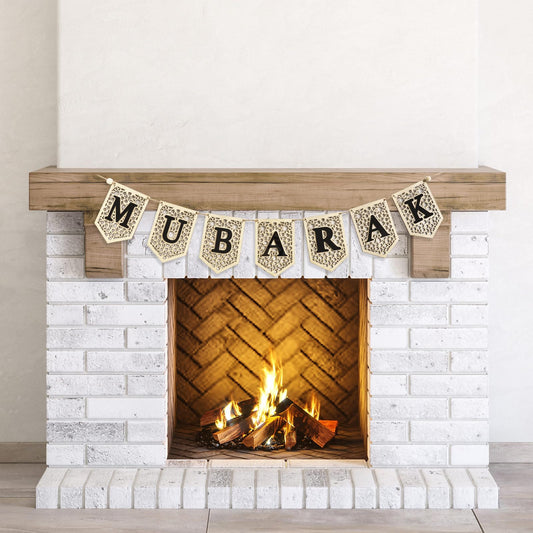 flangairy Mubarak Banner Decorations for Home 2025 Black Eid Wooden Sign Ramadan Kareem Wood Garland Islamic Muslim Mosque Door Fireplace Hanging Decor Ramadan Gifts