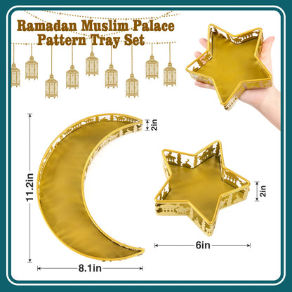 2 PCS Ramadan Serving Trays - Moon Star Shaped Eid Mubarak Dishes, Islam Muslim Al-Fitr Iftar Party Crescent Iron Platters Table Decor, Food Pastry Dessert Display Holder (Palace Pattern)