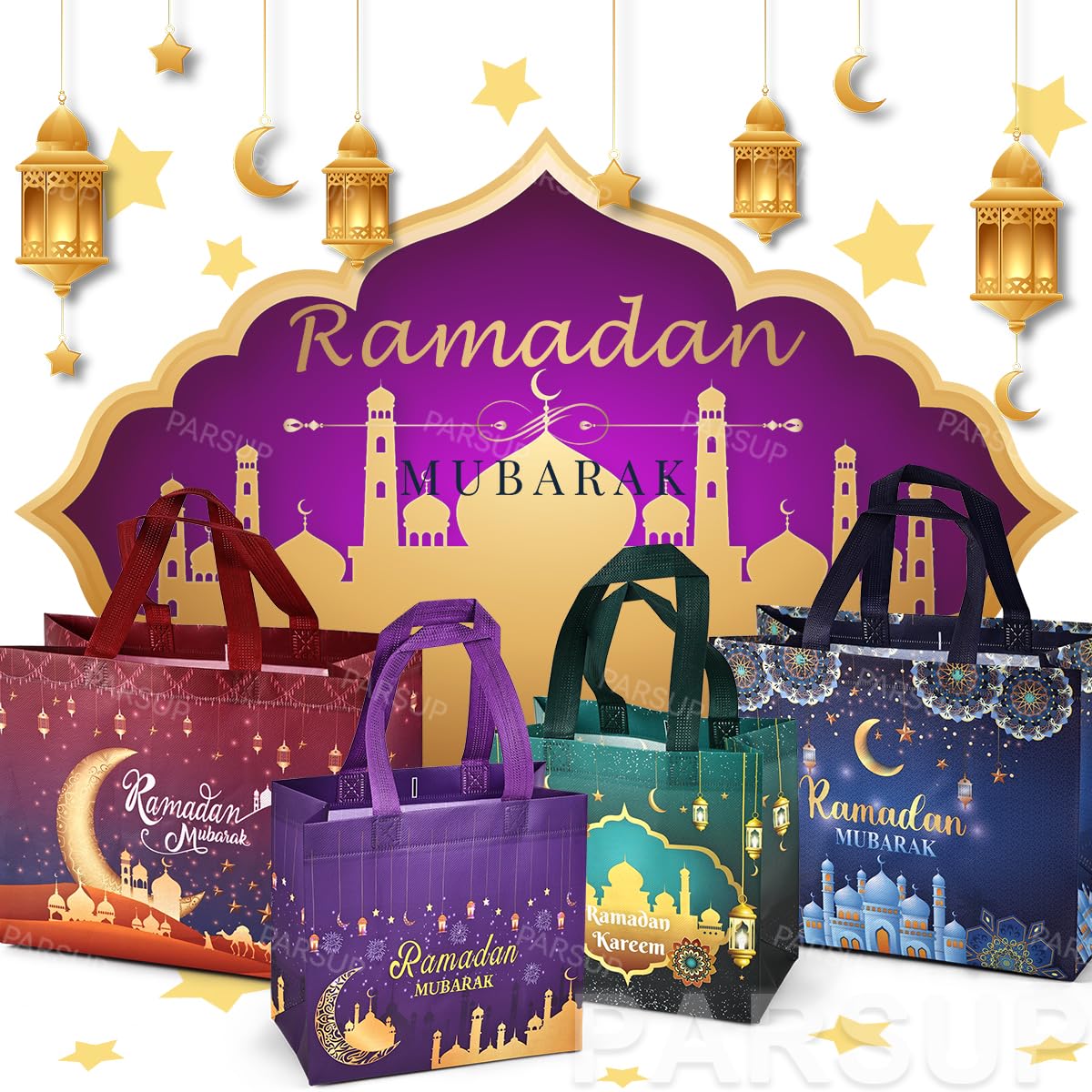 8PCS Ramadan Mubarak Reusable Gift Bags, Assorted Sizes Treat Bags with Handles, Ramadan Mubarak Party Bags, Multifunctional Non-Woven Ramadan Bags for Gifts Wrapping, Ramadan Kareem Party Supplies