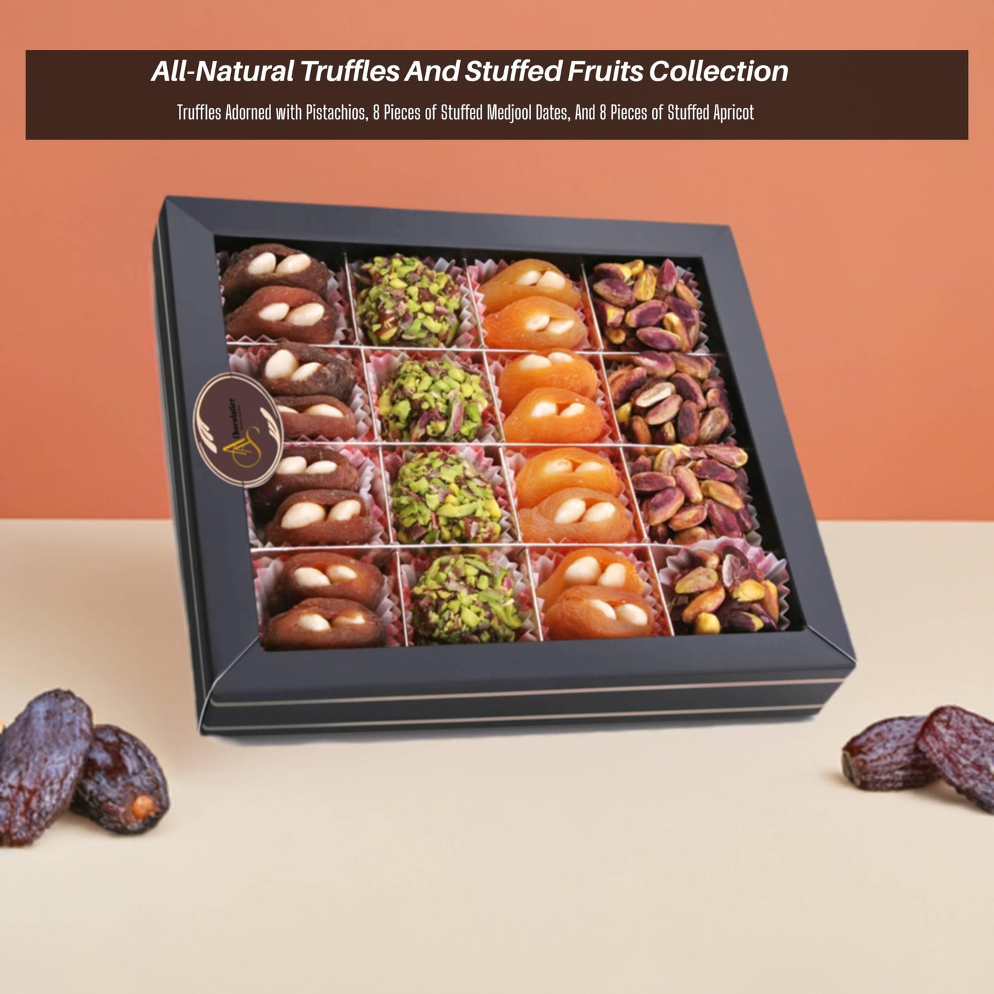 Andy Anand 24-Piece Gift Box: All-Natural Truffles and Stuffed Dates – Deliciously Healthy, No Sugar Added, Embracing Nature's Goodness 10.5 Oz Eid al Fitr, Ramadan. Fresh flown from Turkey.