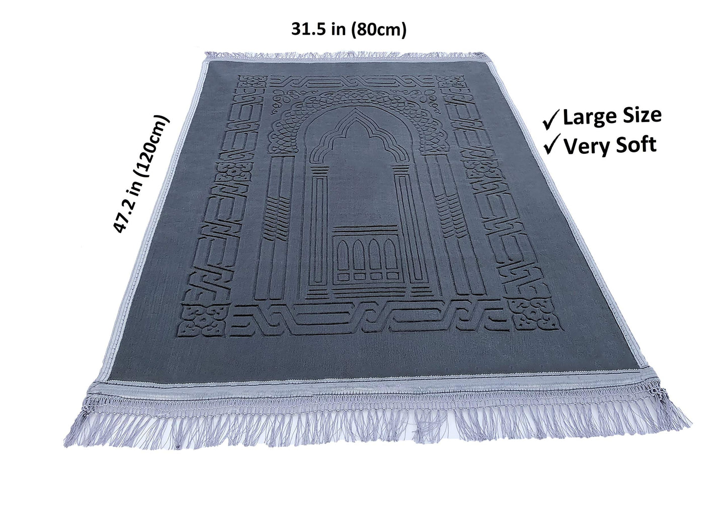 Prayer Rug Muslim Mat Islamic - Thick Large Grey Padded Sajadah for Kids Men Women with Islam Prayer Beads for Eid Travel Ramadan, Soft Luxury Great for Knees and Forehead