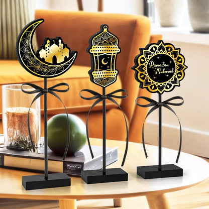 Hedeey 3 Pieces Eid Ramadan Mubarak Table Decorations Wooden Set,Rustic Islamic Ramadan Tiered Tray Decor for Al Adha Muslim Home(Classic)