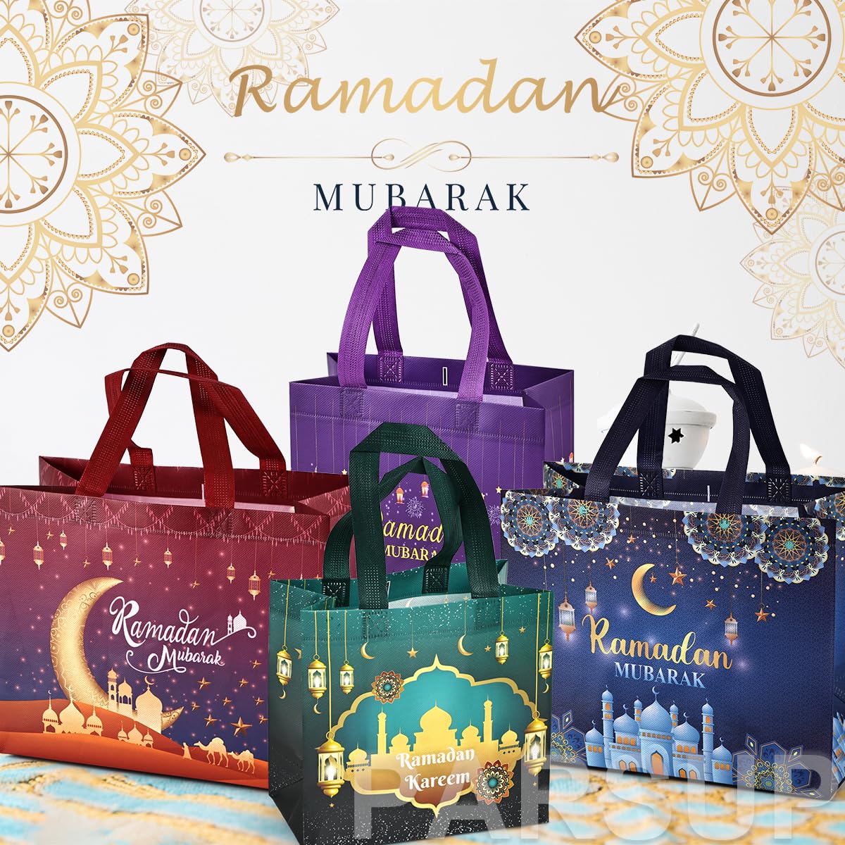 8PCS Ramadan Mubarak Reusable Gift Bags, Assorted Sizes Treat Bags with Handles, Ramadan Mubarak Party Bags, Multifunctional Non-Woven Ramadan Bags for Gifts Wrapping, Ramadan Kareem Party Supplies