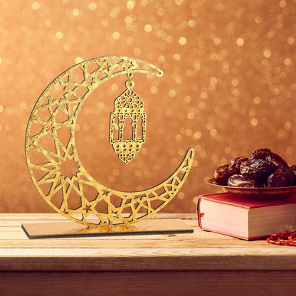 2 Pieces Wood Ramadan Decorations Islamic Eid Mubarak Kareem Table Sign Moon Hollow Star Ornament for Muslim Party Tabletop Decor Home Art Craft Decoration Golden Moon