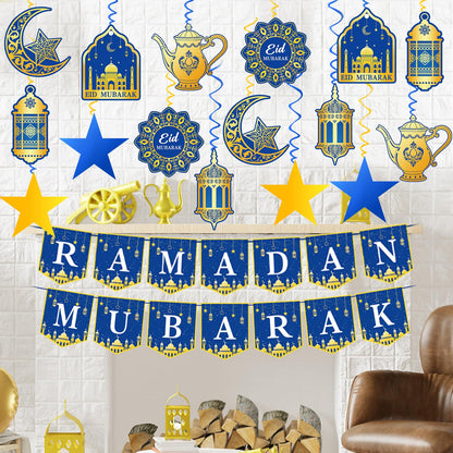 34Pcs Ramadan Decorations Pre-Assembled Mubarak Eid Kareem Muslim Banner Hanging Swirls Garland Decor Party Supplies Ramadan Decorations for Home