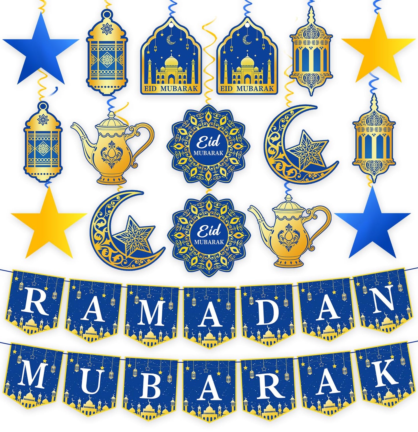 34Pcs Ramadan Decorations Pre-Assembled Mubarak Eid Kareem Muslim Banner Hanging Swirls Garland Decor Party Supplies Ramadan Decorations for Home