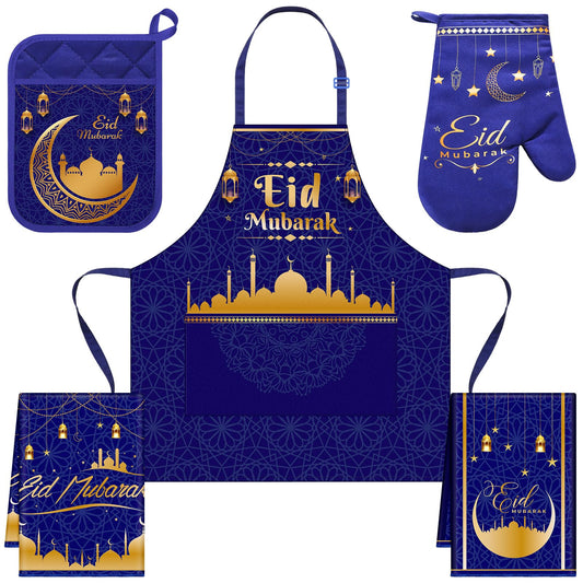 Bunnycool 5 Pcs Ramadan Hostess Kitchen Gift Eid Mubarak Apron Pot Holder Oven Mitts Dish Towels Set Ramadan Mubarak Kitchen Towels Cooking Gift Accessories for Women Men