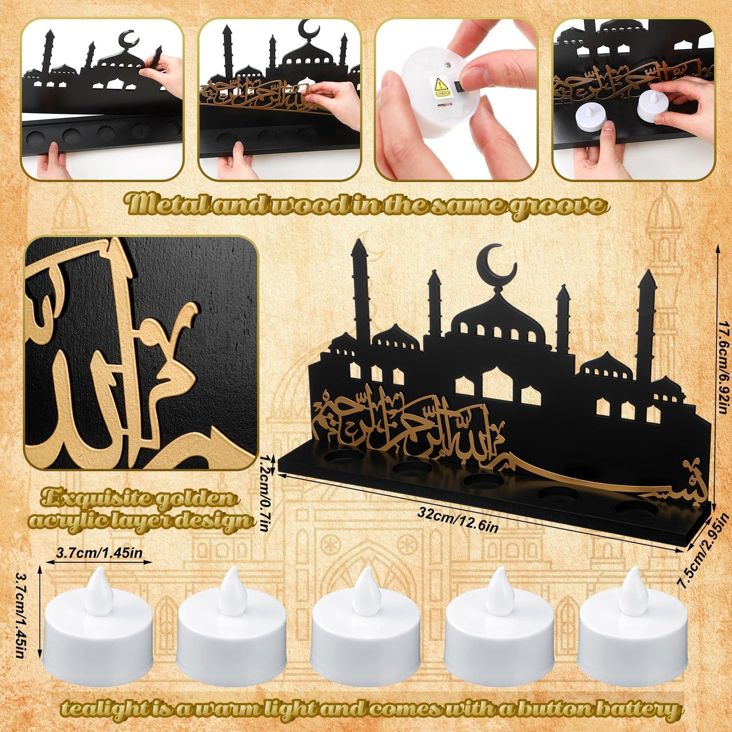 Rossesay Islamic Decorations Islamic Candle Holder with LED Tea Candles Wooden Acrylic Islamic Tabletop Decors Ramadan Kareem Eid Mubarak Sign Muslim Gifts for Home Table Party Decorations(Vivid)