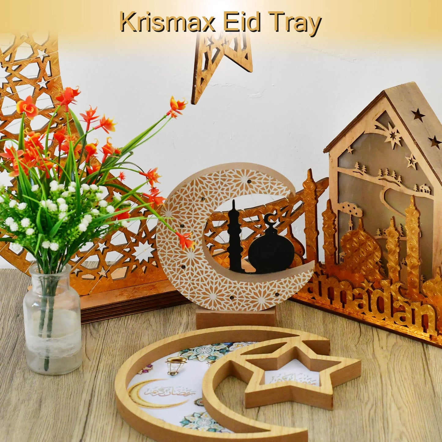 Krismax Ramadan Decorations for Home 2025 Ramadan Tray Eid Tray Ramadan Kareen Moon Star Tray Home Decor Ramadan Serving Tray for Party Decoration Food Tray Snack Cookie Serve Plate