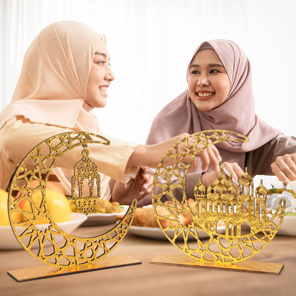 2 Pieces Wood Ramadan Decorations Islamic Eid Mubarak Kareem Table Sign Moon Hollow Star Ornament for Muslim Party Tabletop Decor Home Art Craft Decoration Golden Moon