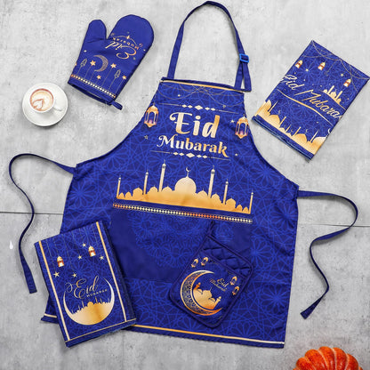 Bunnycool 5 Pcs Ramadan Hostess Kitchen Gift Eid Mubarak Apron Pot Holder Oven Mitts Dish Towels Set Ramadan Mubarak Kitchen Towels Cooking Gift Accessories for Women Men