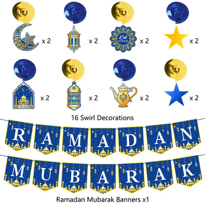 34Pcs Ramadan Decorations Pre-Assembled Mubarak Eid Kareem Muslim Banner Hanging Swirls Garland Decor Party Supplies Ramadan Decorations for Home