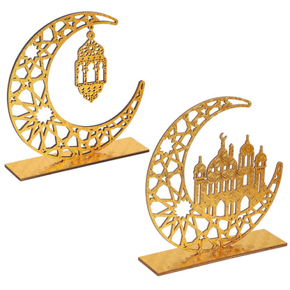 2 Pieces Wood Ramadan Decorations Islamic Eid Mubarak Kareem Table Sign Moon Hollow Star Ornament for Muslim Party Tabletop Decor Home Art Craft Decoration Golden Moon